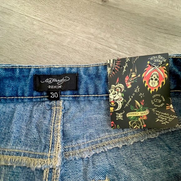 Ed Hardy-Love Eternal-Jean Denim Shorts-Light Vintage Blue-Heart/Flower-Size 30 - Picture 7 of 14